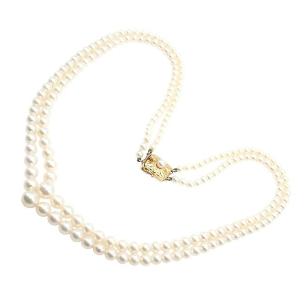 Mikimoto 18k Yellow Gold Pearl Double Strand Graduated 17" Princess Necklace - Picture 10 of 12